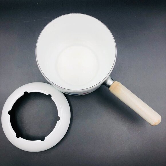 80s White Enamel Fondue Pot Gray Wooden Handle Rainbow Arcade Video Game Font - Picture 4 of 11